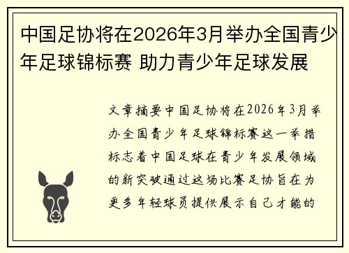 中国足协将在2026年3月举办全国青少年足球锦标赛 助力青少年足球发展